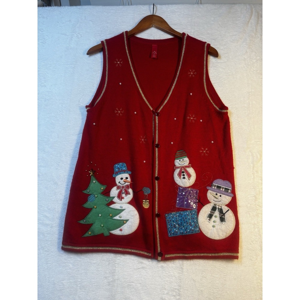 Holiday Sweater Vest Medium Red Snowman Christmas Cardigan Ugly‎ Christmas